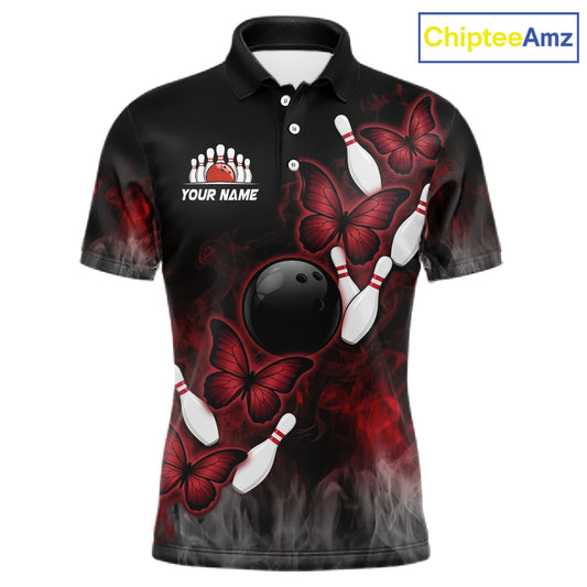 Black And Red Custom Butterfly Bowling Shirt For Men, Bowling Team Jersey Polo & Quarter Zip Shirt TDM6179