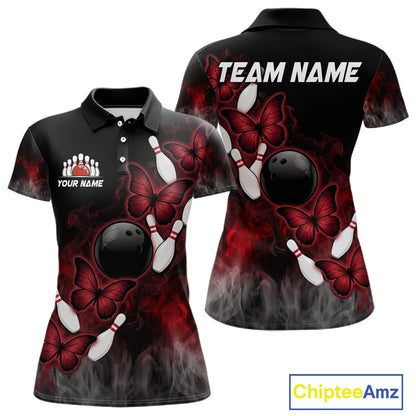 Black And Red Custom Butterfly Bowling Shirt For Women, Bowling Team Jersey Polo & Quarter Zip Shirt TDM6179
