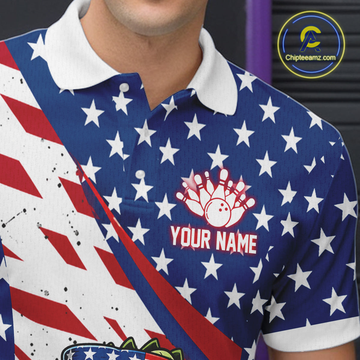 Polo shirt with American flag design and bowling ball logo, personalized with 'Your Name'.