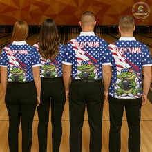 Load image into Gallery viewer, Four people wearing matching shirts with a team name and graphic design on a bowling alley.