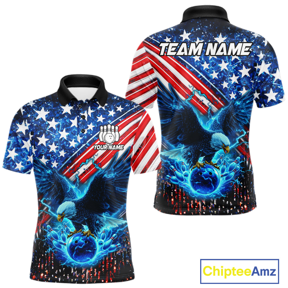 Bowling Jersey with American flag design and eagle graphics, featuring customizable your name & team name