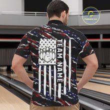 Load image into Gallery viewer, Back view of man wearing a black American flag quarter zip bowling shirt, bowling league team uniform.