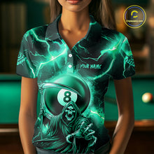 Load image into Gallery viewer, Turquoise Grim Reaper 8 Ball Women&#39;s Billiard Shirt Custom Thunder Lightning Pool Team Jersey TDM4872