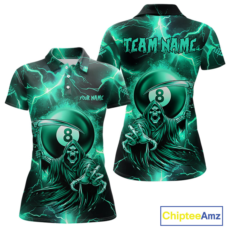 Turquoise Grim Reaper 8 Ball Women's Billiard Shirt Custom Thunder Lightning Pool Team Jersey TDM4872