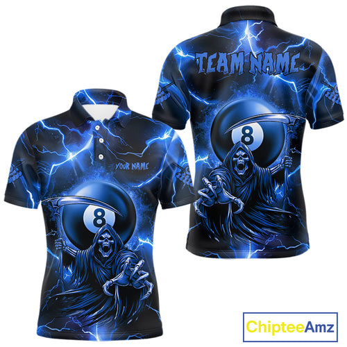 Personalized Blue Grim Reaper 8 Ball Men's Billiard Shirt Custom Thunder Lightning Pool Team Jersey TDM4873