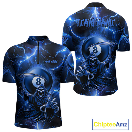 Personalized Blue Grim Reaper 8 Ball Men's Billiard Shirt Custom Thunder Lightning Pool Team Jersey TDM4873