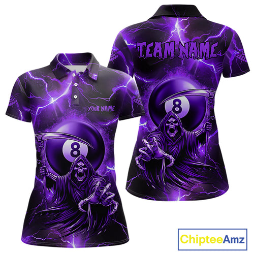 Purple Grim Reaper 8 Ball Women's Billiard Shirt Custom Thunder Lightning Halloween Pool Team Jersey TDM4874