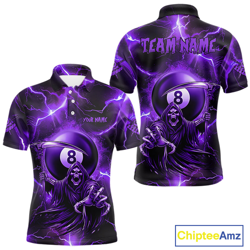 Purple Grim Reaper 8 Ball Men's Billiard Shirt Custom Thunder Lightning Halloween Pool Team Jersey TDM4874
