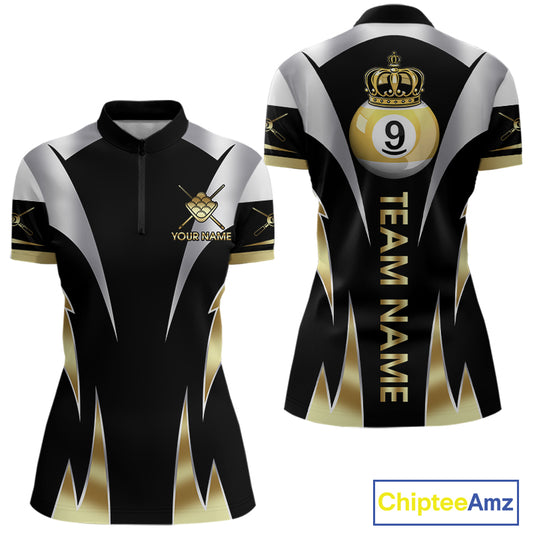 Personalized Crown 9 Ball Billiard Shirt For Women Custom Billiard Tournament Pool Team Jersey |Gold TDM5572