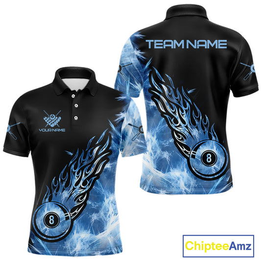 Black And Blue Flaming Icy 8 Ball Pool Billiard Shirt For Men Custom Billiard Team Jersey TDM5808