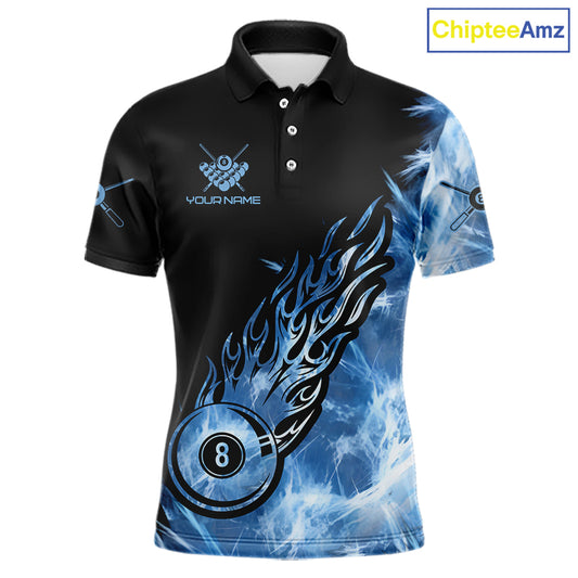 Black And Blue Flaming Icy 8 Ball Pool Billiard Shirt For Men Custom Billiard Team Jersey TDM5808