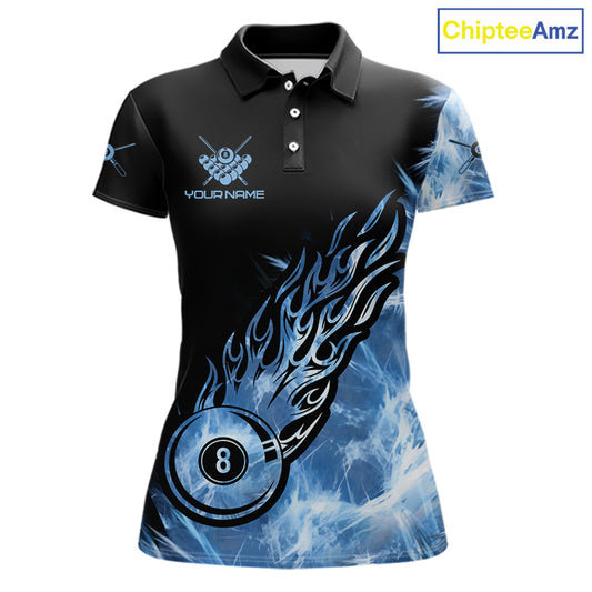 Black And Blue Flaming Icy 8 Ball Pool Billiard Shirt For Women Custom Billiard Team Jersey TDM5808