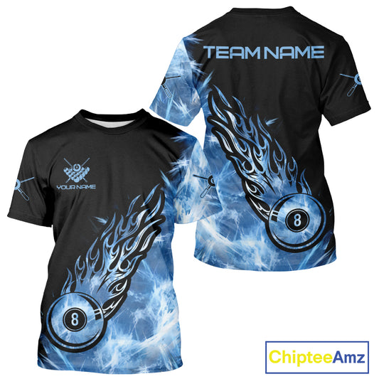 Black And Blue Flaming Icy 8 Ball Pool Billiard T-Shirt For Men Custom Billiard Team Jersey TDM5808