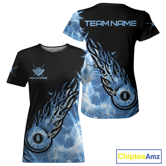 Black And Blue Flaming Icy 8 Ball Pool Billiard T-Shirt For Women Custom Billiard Team Jersey TDM5808