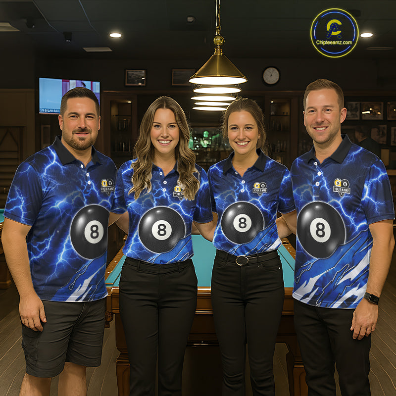 Blue Lightning Billiard Jersey For Men Custom 8 Ball 9 Ball Pool Billiard Shirt Team Polo, 1/4 Zip TDM6413