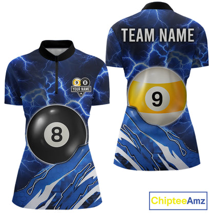 Blue Lightning Billiard Jersey For Women Custom 8 Ball 9 Ball Pool Billiard Shirt Team Polo, 1/4 Zip TDM6413