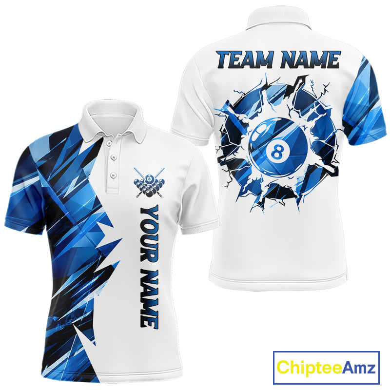 White billiard polo shirt with blue and black designs on front and back, featuring an 8 ball graphic, "Team Name" and "Your Name" text, custom pool team jersey design
