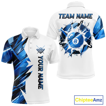 White billiard polo shirt with blue and black designs on front and back, featuring an 8 ball graphic, "Team Name" and "Your Name" text, custom pool team jersey design