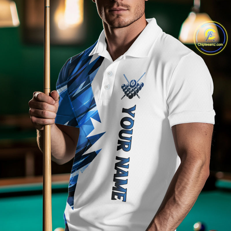 Custom Blue And White 8 Ball Pool Billiard Jersey For Men, Billiard Team Shirts Polo & 1/4 Zip TDM6609