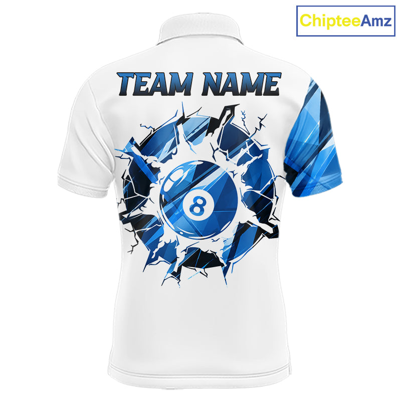 White billiard polo shirt with blue and black designs on front and back, featuring an 8 ball graphic, "Team Name" and "Your Name" text, custom pool team jersey design