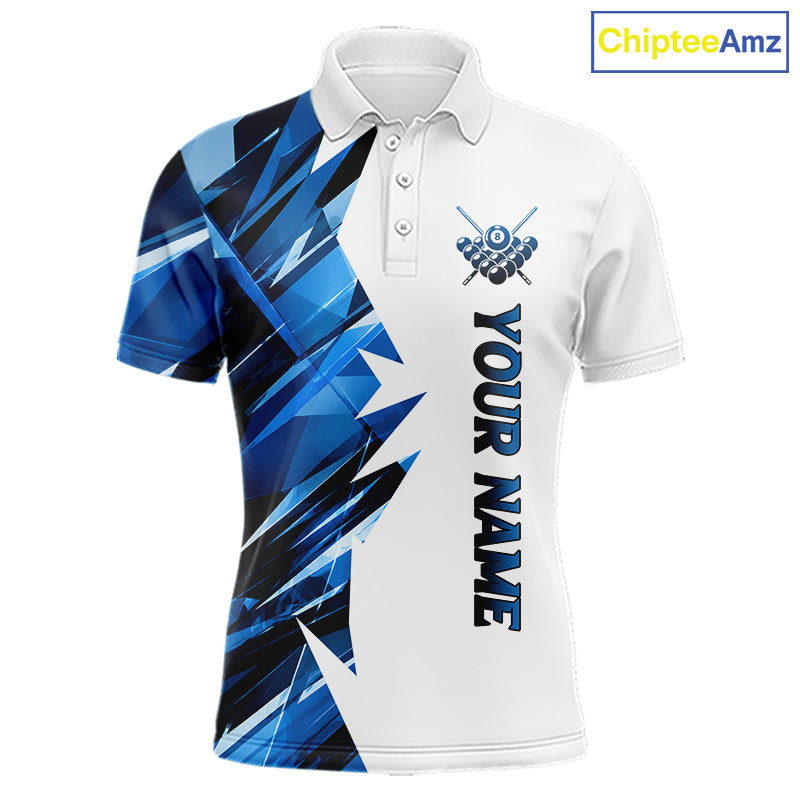 White billiard polo shirt with blue and black designs on front and back, featuring an 8 ball graphic, "Team Name" and "Your Name" text, custom pool team jersey design