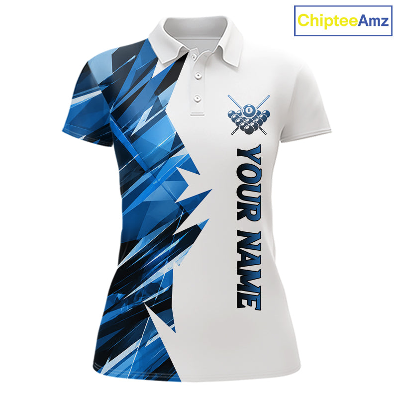 White billiard polo shirt with blue and black designs on front and back, featuring an 8 ball graphic, "Team Name" and "Your Name" text, custom pool team jersey design