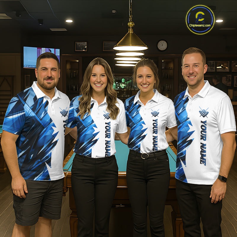 Custom Blue And White 8 Ball Pool Billiard Jersey For Men, Billiard Team Shirts Polo & 1/4 Zip TDM6609