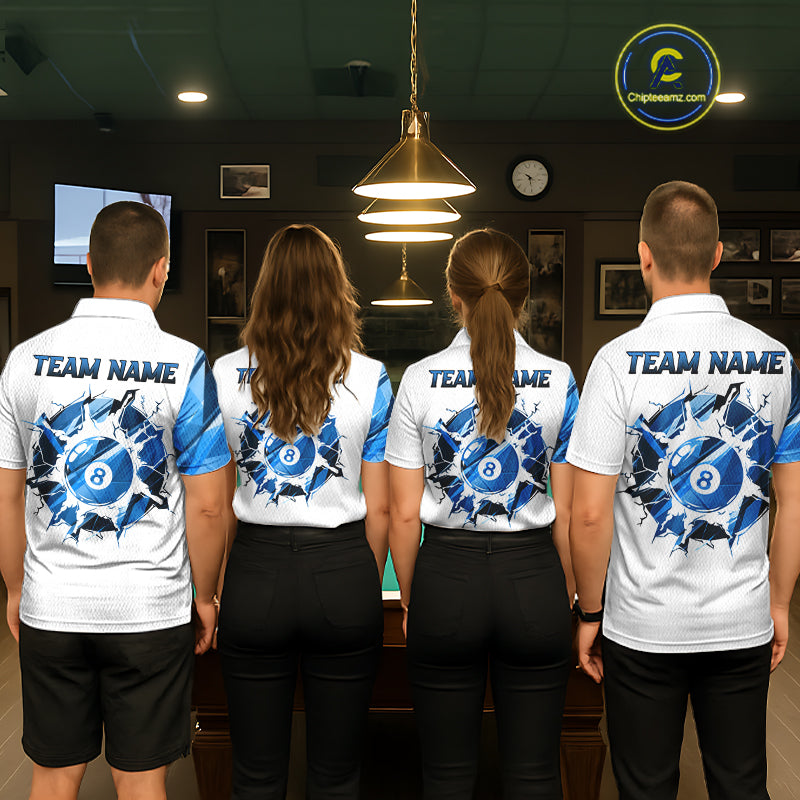 Custom Blue And White 8 Ball Pool Billiard Jersey For Men, Billiard Team Shirts Polo & 1/4 Zip TDM6609
