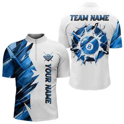 White billiard quarter zip shirt with blue and black designs on front and back, featuring an 8 ball graphic, "Team Name" and "Your Name" text, custom pool team jersey design