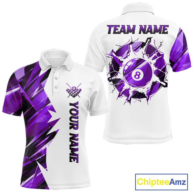 White billiard polo shirt with purple and black designs on front and back, featuring an 8 ball graphic, "Team Name" and "Your Name" text, custom pool team jersey design