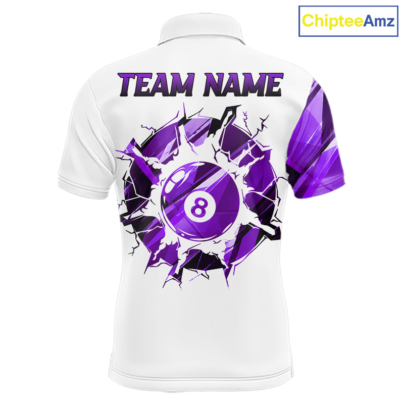 White billiard polo shirt with purple and black designs on front and back, featuring an 8 ball graphic, "Team Name" and "Your Name" text, custom pool team jersey design