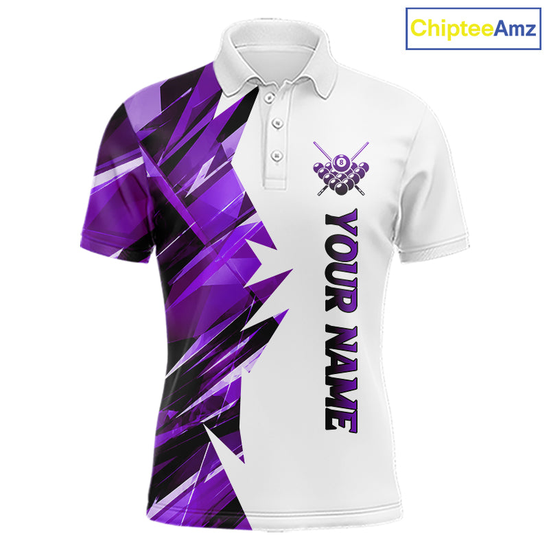 White billiard polo shirt with purple and black designs on front and back, featuring an 8 ball graphic, "Team Name" and "Your Name" text, custom pool team jersey design