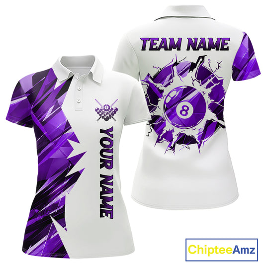 White billiard polo shirt with purple and black designs on front and back, featuring an 8 ball graphic, "Team Name" and "Your Name" text, custom pool team jersey design