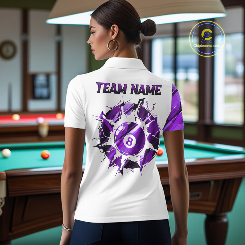 Custom Purple And White 8 Ball Pool Billiard Jersey For Women, Billiard Team Shirts Polo & 1/4 Zip TDM6610
