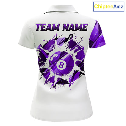 White billiard polo shirt with purple and black designs on front and back, featuring an 8 ball graphic, "Team Name" and "Your Name" text, custom pool team jersey design
