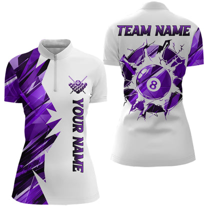White billiard quarter zip shirt with purple and black designs on front and back, featuring an 8 ball graphic, "Team Name" and "Your Name" text, custom pool team jersey design