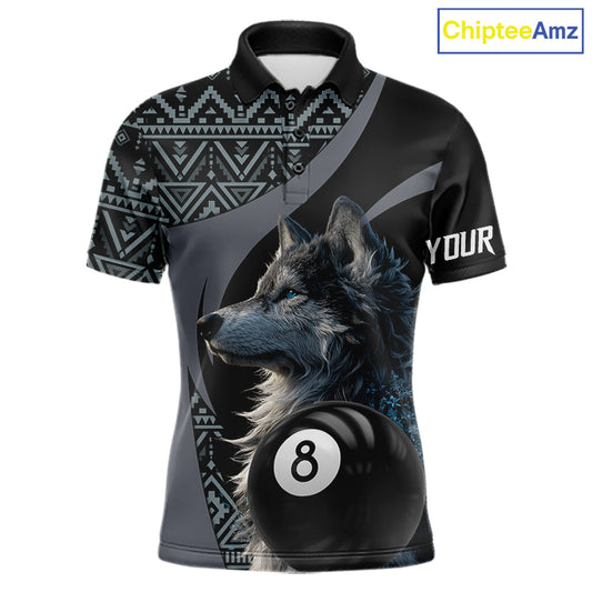 Customizable billiard polo shirt with wolf design and pool ball elements 