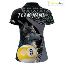 Load image into Gallery viewer, Customizable billiard polo shirt with wolf design and pool ball elements 