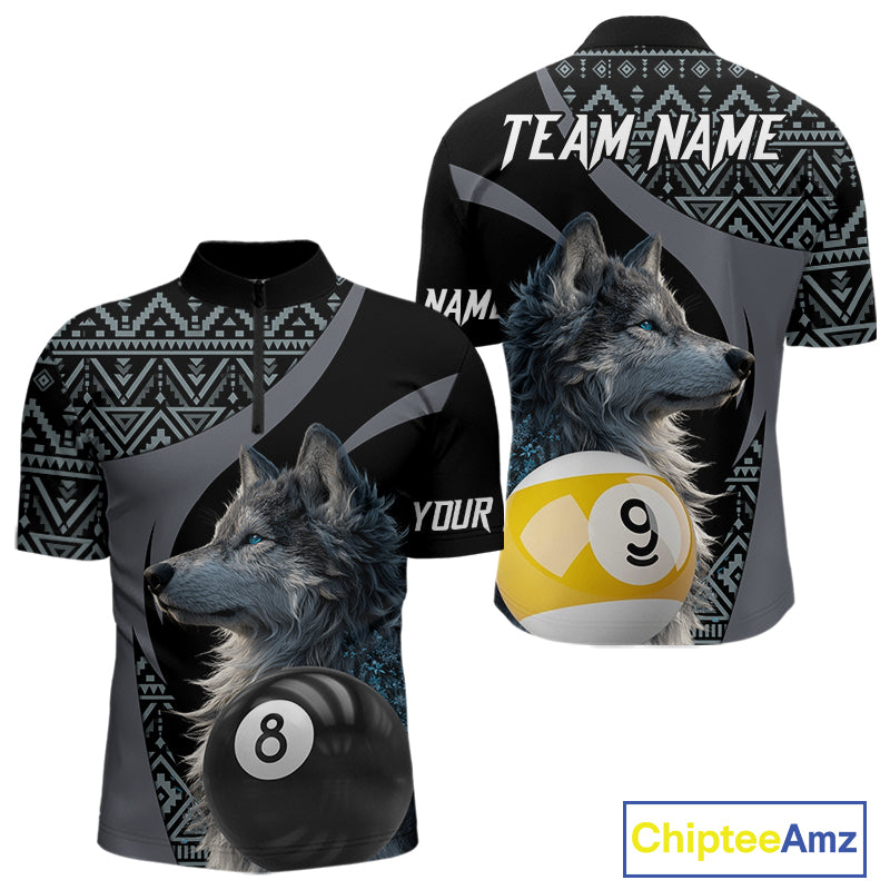 Customizable billiard quarter zip shirt with wolf design and pool ball elements 