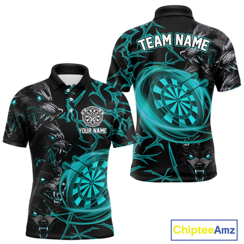 Personalized Wolf Dart Shirts For Men Custom Lights Dartboard Darts Team Jerseys |Turquoise TDM4670