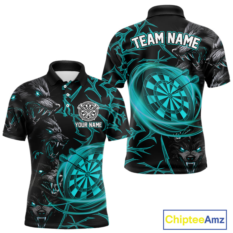 Personalized Wolf Dart Shirts For Men Custom Lights Dartboard Darts Team Jerseys |Turquoise TDM4670