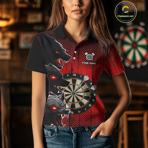 Personalized Red Grunge Wolf Darts Shirt For Women Custom Funny Darts Jersey Team Polo & 1/4 Zip TDM4672