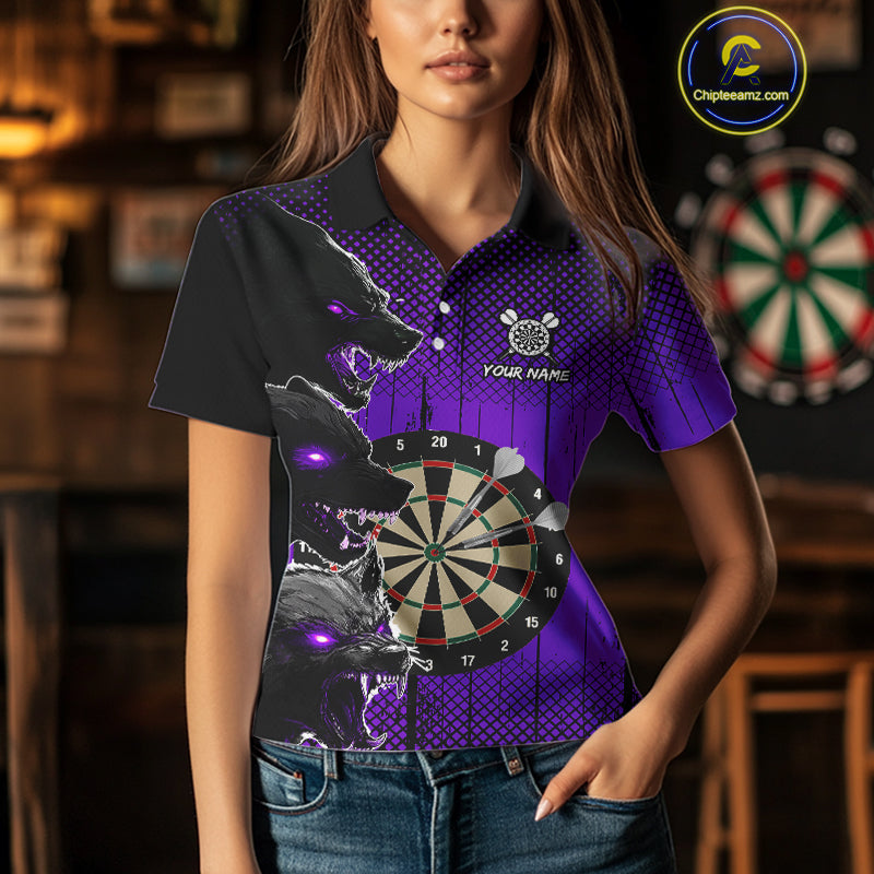 Personalized Purple Grunge Wolf Darts Shirt For Women Custom Funny Darts Jersey Team Polo & 1/4 Zip TDM4673