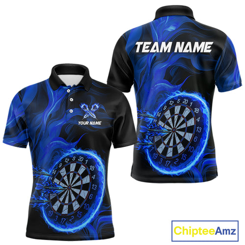 Blue Flaming Dartboard Shirt For Men Custom Fire Darts Jersey Polo & Quarter Zip Team Uniform TDM4676