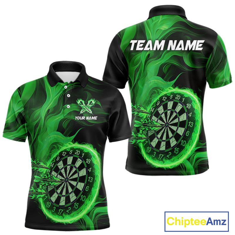 Green Flaming Dartboard Shirt For Men Custom Fire Darts Jersey Polo & Quarter Zip Team Uniform TDM4677