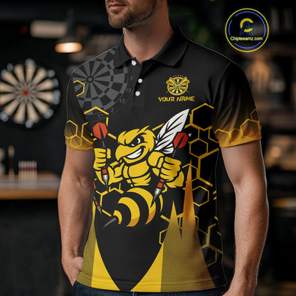 Personalized Yellow Black Funny Bee Darts Shirt For Men Custom Darts Jersey Outfit Polo & 1/4 Zip TDM4681