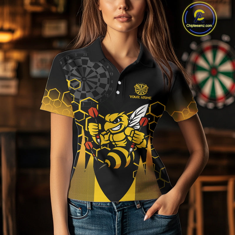 Personalized Yellow Black Funny Bee Darts Shirt For Women Custom Darts Jersey Outfit Polo & 1/4 Zip TDM4681
