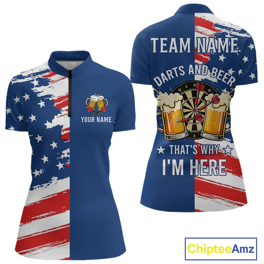 Darts And Beer That's Why I'm Here Funny Dart Shirt For Women Custom Patriotic US Flag Dart Jersey TDM4888