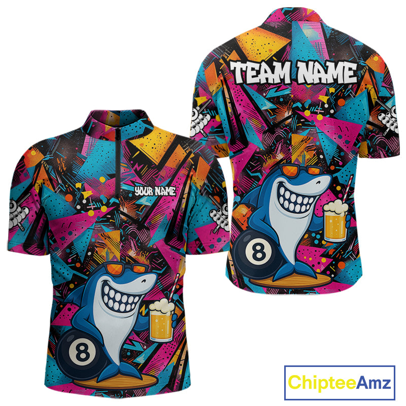 Funny Shark Colorful Graffiti Style Custom 8 Ball Billiard Shirt For Men Best Billiard Team Jersey TDM4890