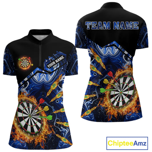 Personalized Blue Dartboard Fire Marble Darts Shirt For Women Custom Dart Team Jersey Polo & 1/4 Zip TDM5096